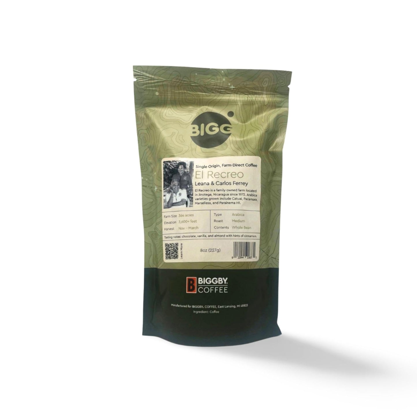 BIGGBY El Recreo Whole Bean Coffee, 100% Farm-Direct, Medium Roast, 8oz Bag