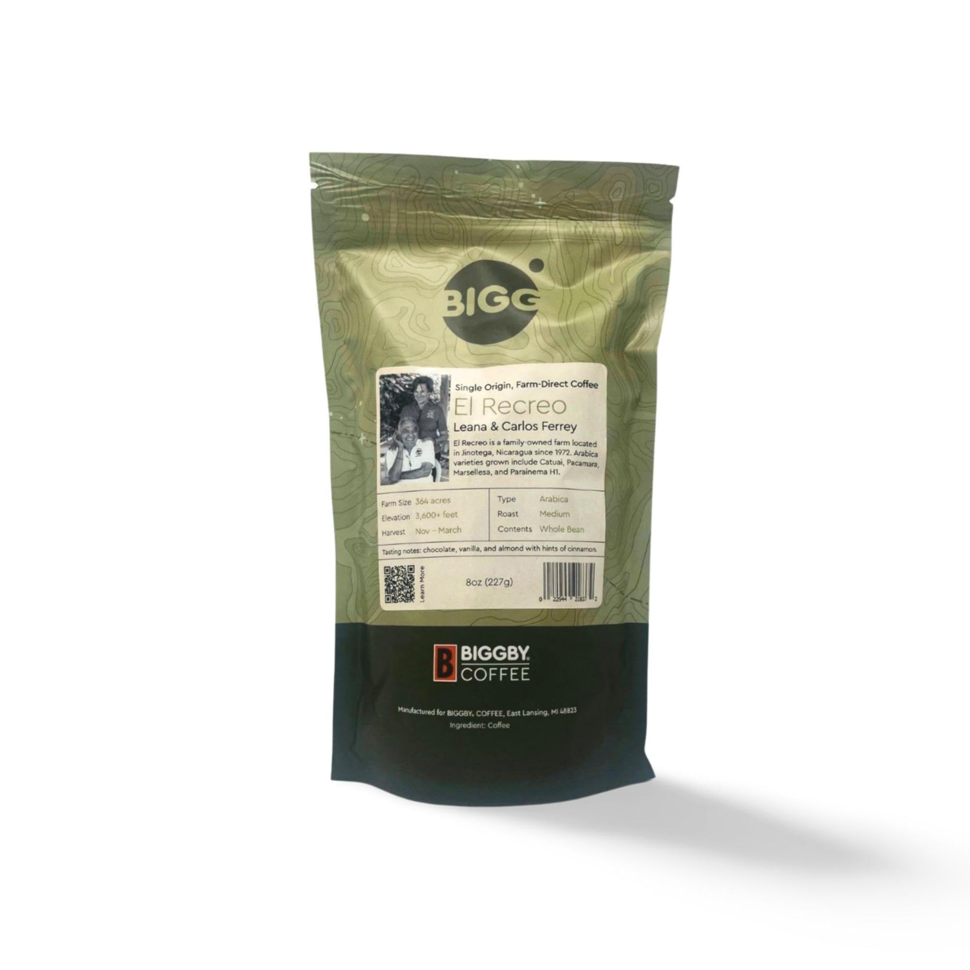 BIGGBY El Recreo Whole Bean Coffee, 100% Farm-Direct, Medium Roast, 8oz Bag