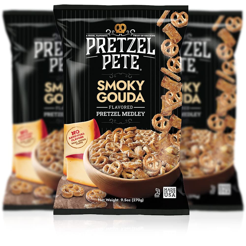Pretzel Pete Smoky Gouda Pretzel Medley Seasoned Pretzel Medley, Nut-Free and Sesame-Free Snack, Small Batch, Bold Flavor (9.5oz