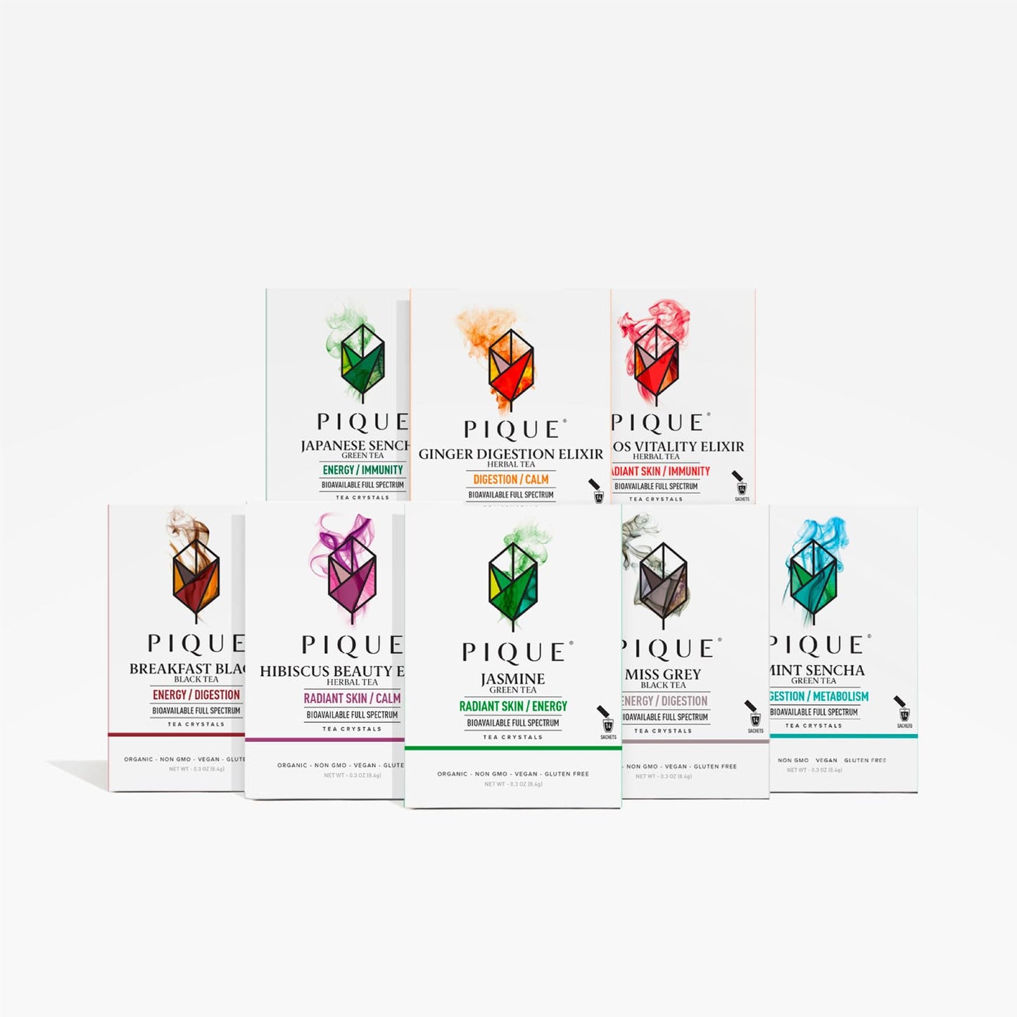 PIQUE Organic Variety Tea Crystals Sampler - 112 Single Serve Sticks (Pack of 8) - Immune Support, Gut Health, Fasting