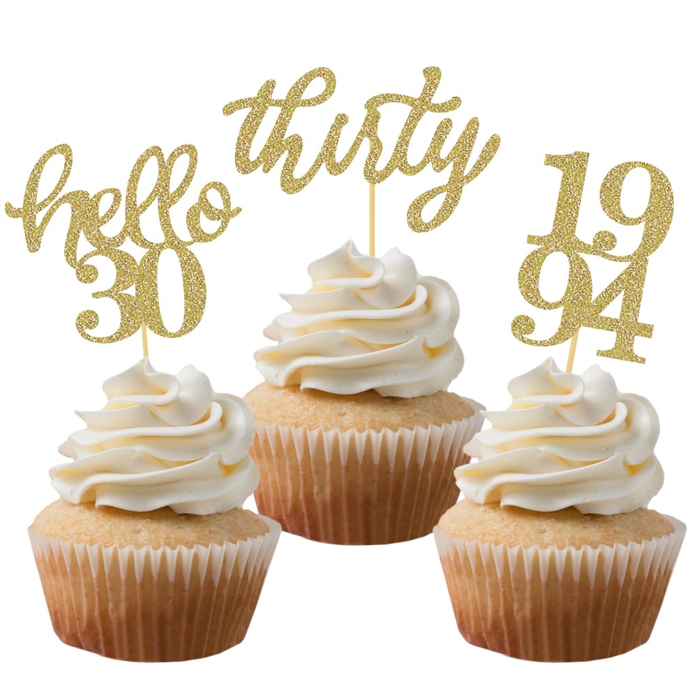 24 Pcs Gold Glitter 30Th Birthday Cupcake Toppers For 30Th Anniversary Birthday Party Wedding Party Decorations