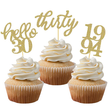 24 Pcs Gold Glitter 30Th Birthday Cupcake Toppers For 30Th Anniversary Birthday Party Wedding Party Decorations