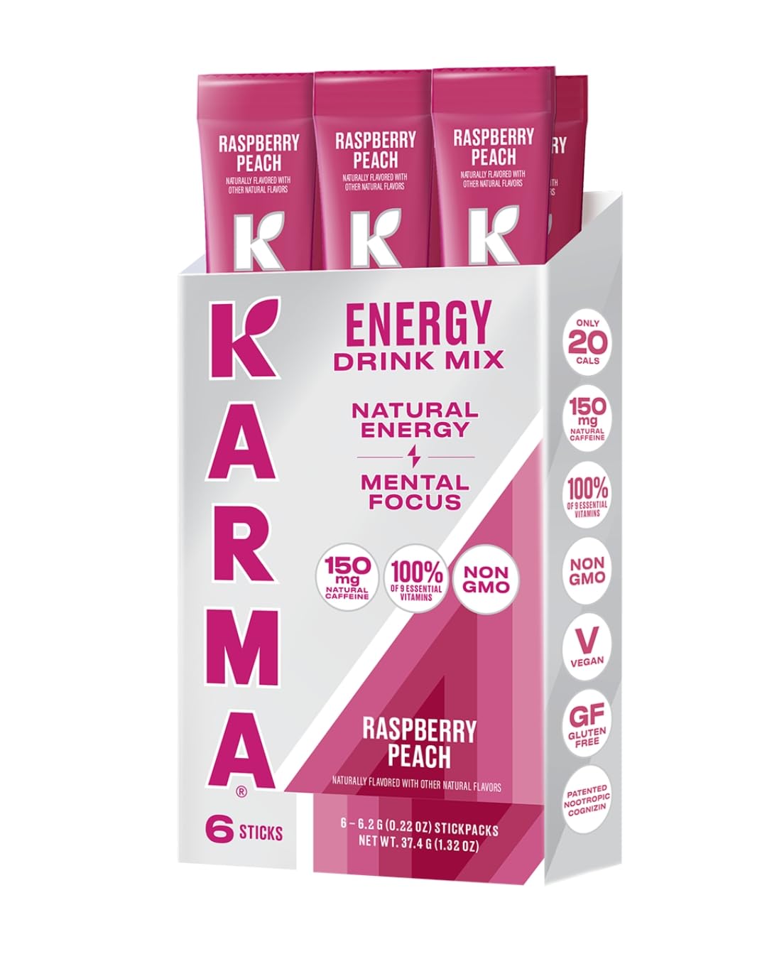 Karma Energy Hydration Packets - 6 Pack  Raspberry Peach Drink Mix with Cognizin Nootropics  Vitamins & Immune Support  Low Calorie