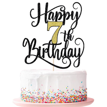 Happy 7Th Birthday Cake Topper, 7 Birthday Party Cake Decorations (Black And Gold Flashes, 7Th)