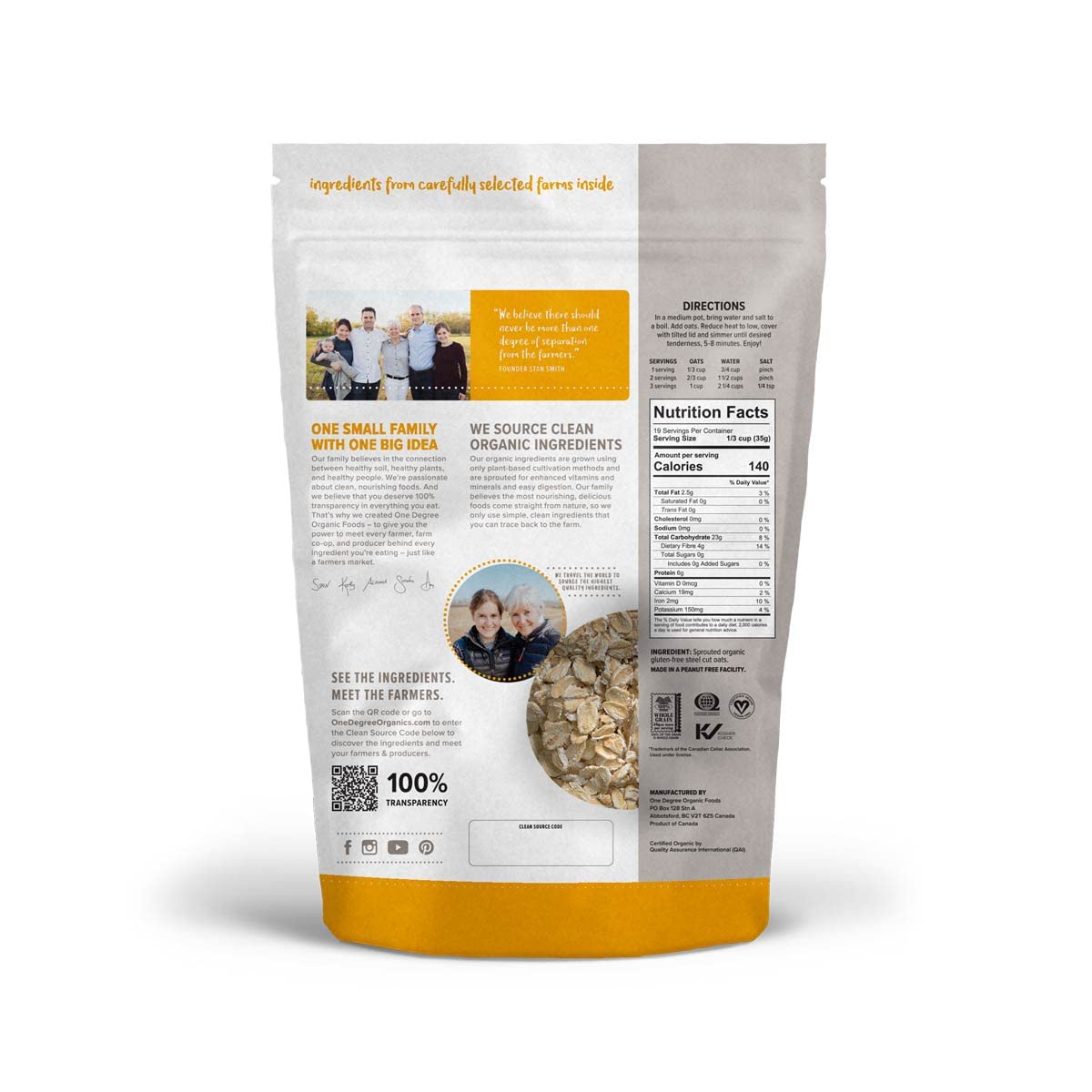 One Degree Organic Foods Sprouted Rolled Oats, Usda Organic, Non-Gmo Gluten Free Oatmeal, 24 Oz., 4 Pack