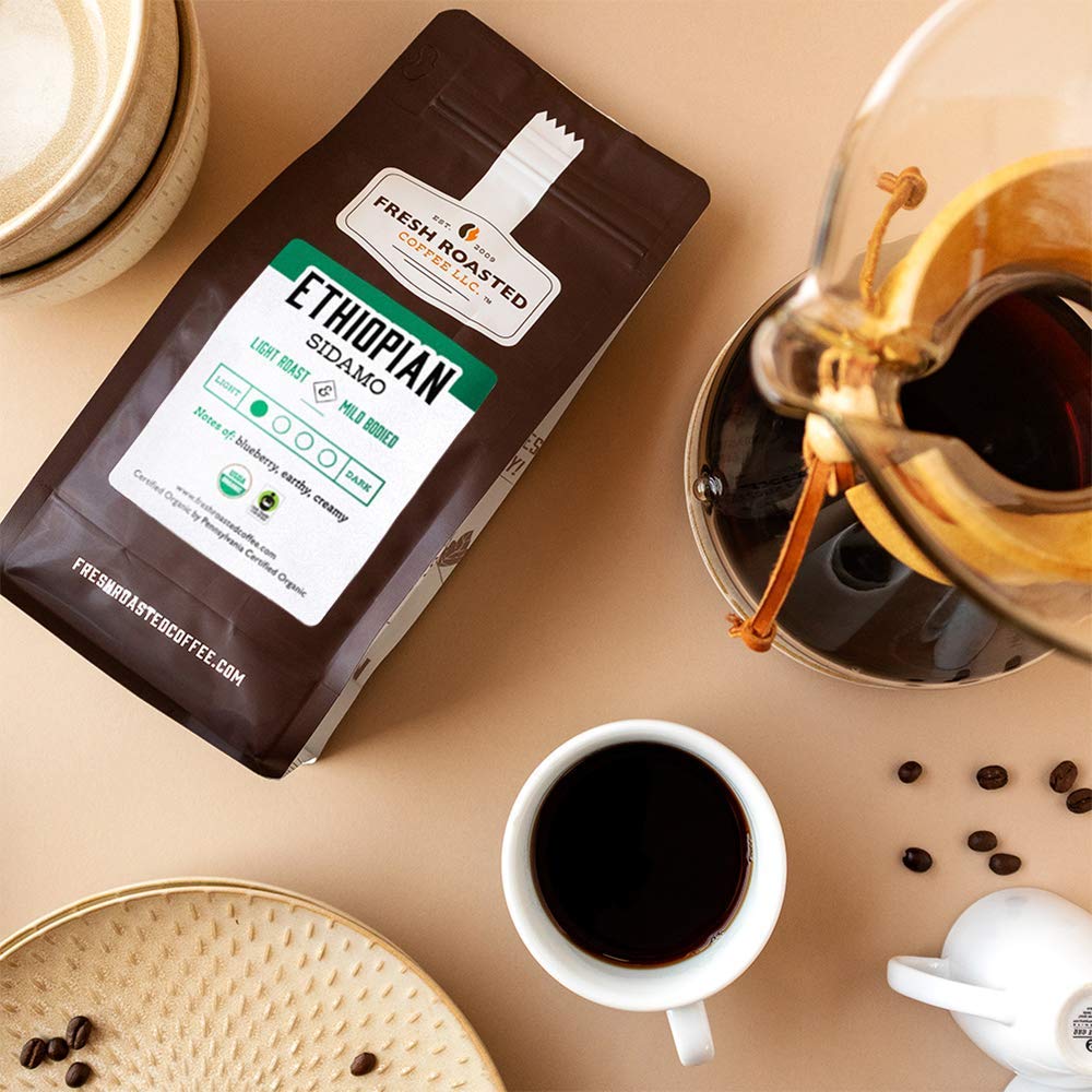 Fresh Roasted Coffee, Organic Ethiopian Sidamo, 12 Oz, Light Roast, Fair Trade Kosher, Ground