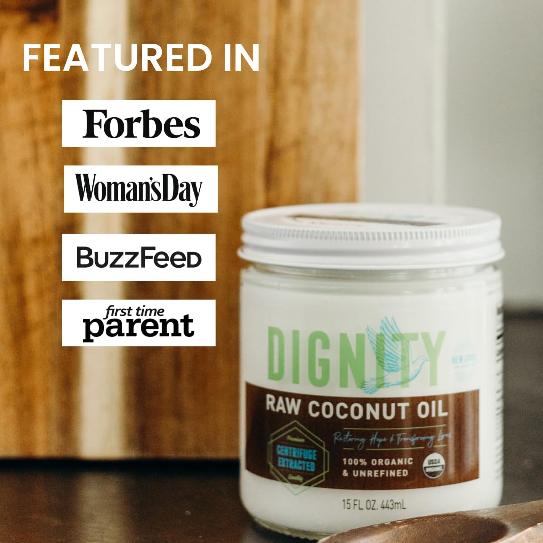 Dignity Coconuts Raw Coconut Oil - 100% Organic Unrefined Coconut Oil - 15 Fl Oz Glass Jar - Centrifuge Extracted