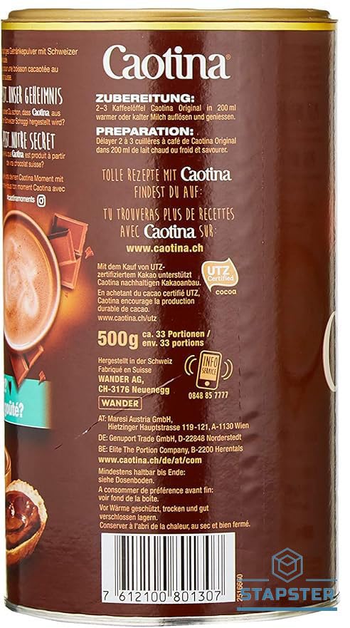 Stapster Caotina (Switzerland) Classic Cocoa Drink With Premium Swiss Chocolate, 500G - Original