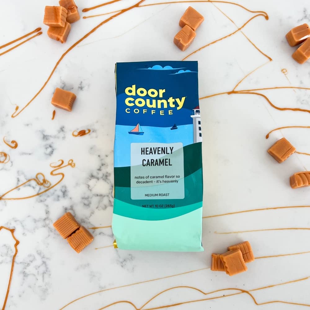Door County Coffee - Heavenly Caramel, Sweet & Buttery Caramel Flavored Whole Bean Coffee - Medium Roast, 10 Oz Bag