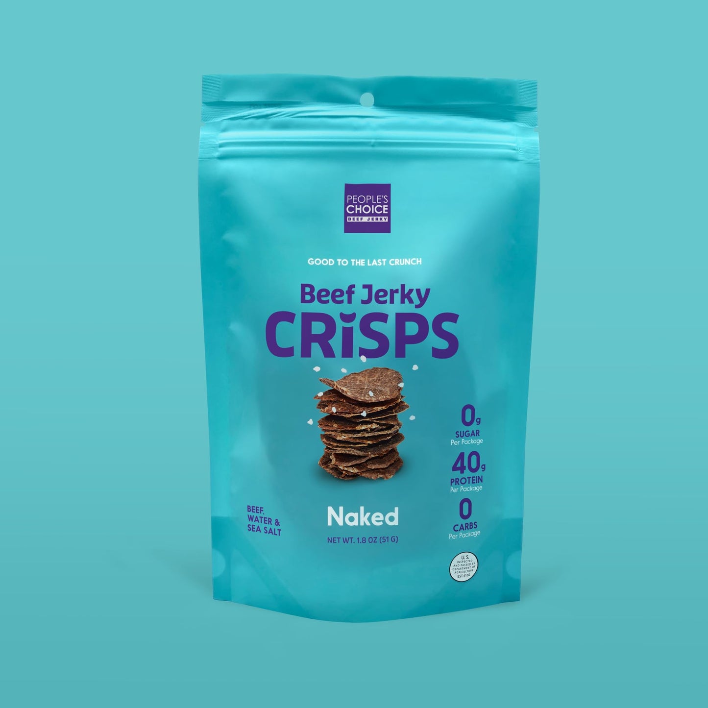 Peoples Choice Beef Jerky - Jerky Crisps - Naked - Three Ingredients - Beef, Water, Sea Salt - Sugar Free, Zero Carb, Gluten Free, Keto Friendly, Carnivore Diet, 40G Protein Per Package - Thin, Crispy, Crunchy - 1.8 Oz (4 Pack)