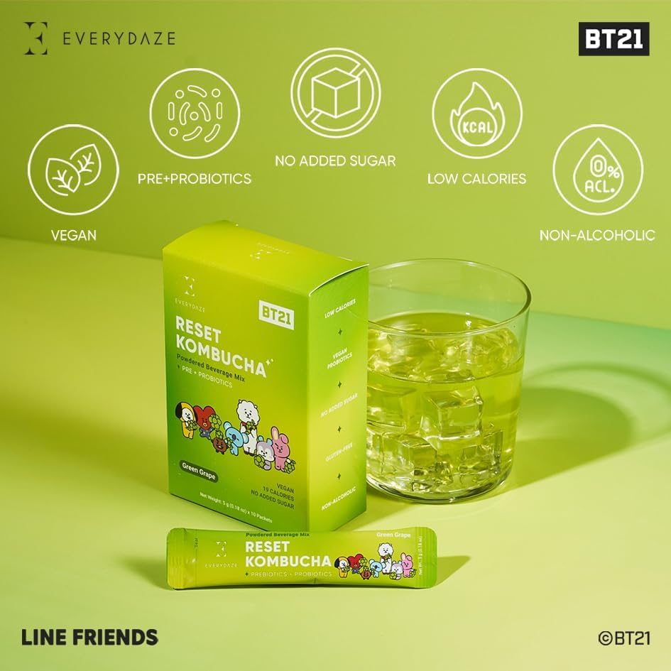 Everydaze Bt21 Reset Kombucha Tea Powdered Beverage Mix | 10 Sticks | Prebiotics + Probiotics | Vegan | No Added Sugar, Gluten F