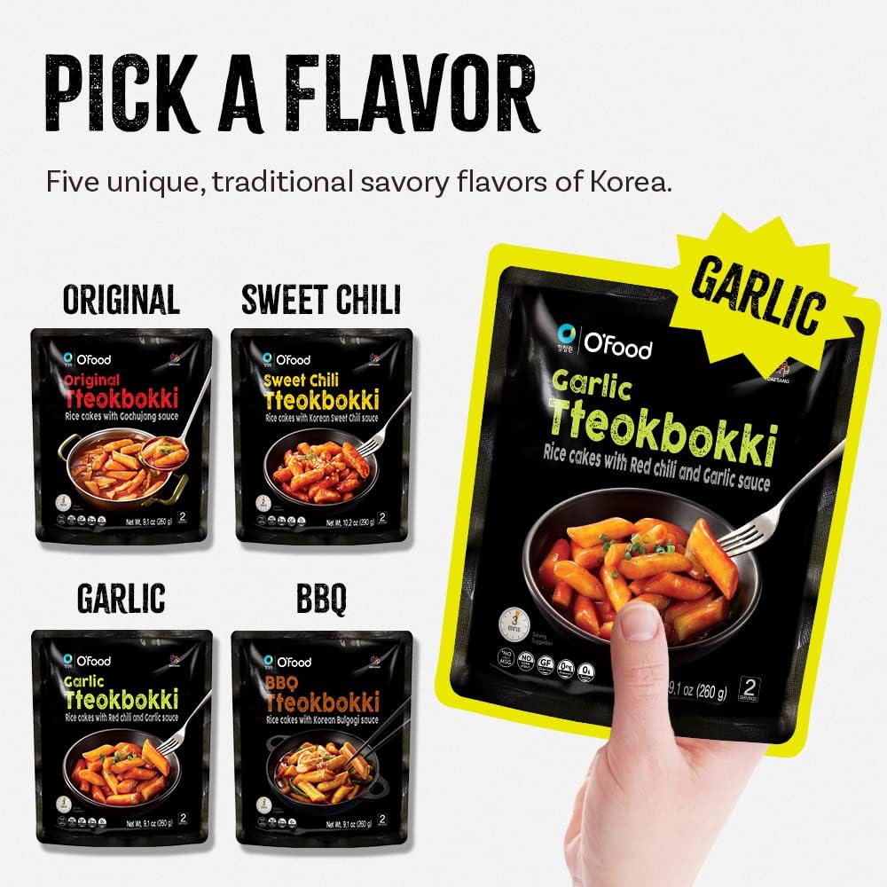 C OFood Garlic Tteokbokki  Gluten-Free Korean Rice Cakes  Authentic Spicy Korean Street Food Snack  Perfect with Cheese and Ramen Noodles  Ready to Eat  No MSG  No Corn Syrup  Pack of 2