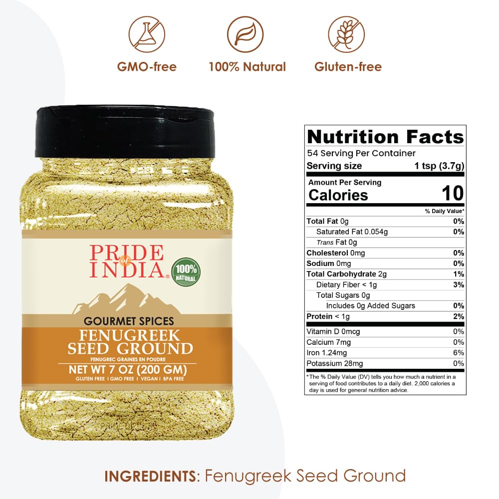 Pride Of India Fenugreek Ground Spice - Vegan, Gluten & GMO-Free - 7 oz. Medium Dual Sifter Jar - Ideal for Cooking & Meat Seasoning