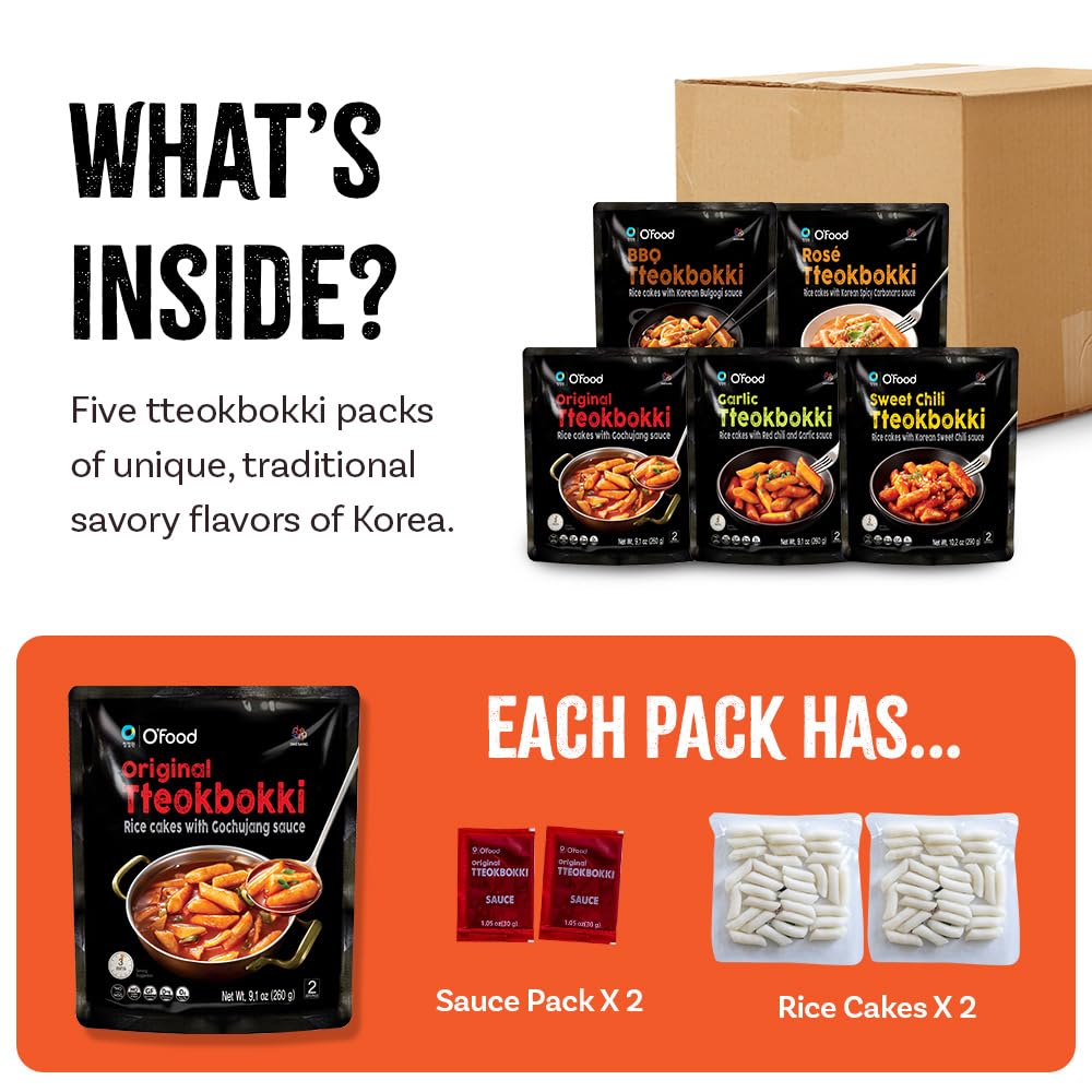 Chung Jung One O'Food Tteokbokki Variety Pack, Pack Of 5, Instant Korean Rice Cakes, Authentic Spicy Street Food, Ready To Eat,