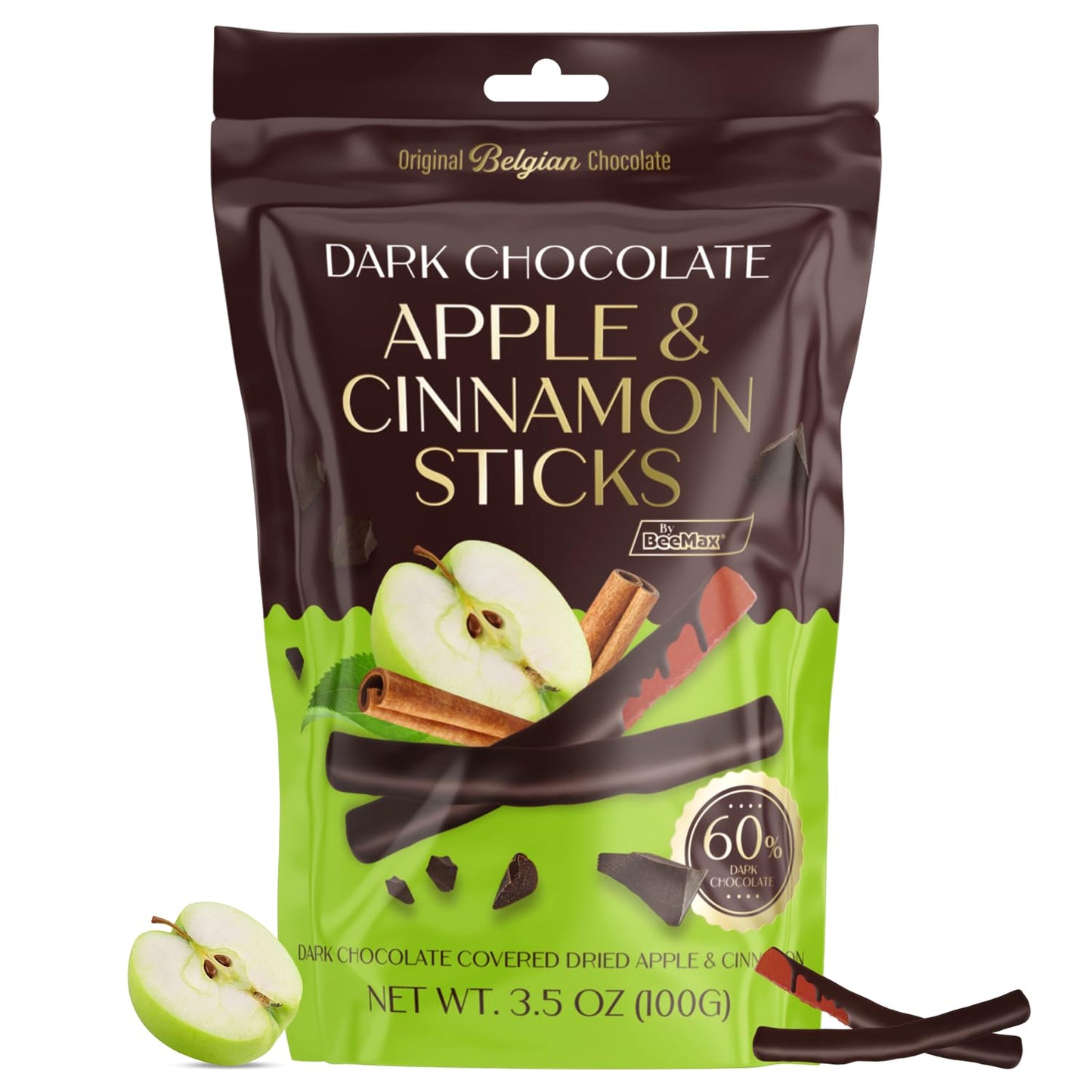 Belgian Chocolate Covered Fruit Sticks - Gourmet Covered Dried Fruit, 3.5 Oz Resealable Pouch, Non-Gmo, Perfect Treat For Chocolate Lovers (Dark Chocolate, Apple)