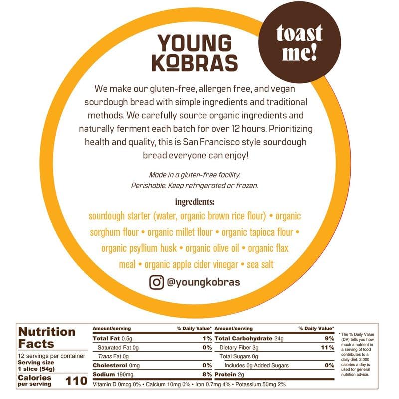 Young Kobras Organic, Gluten-Free Original Sourdough Bread 22Oz (4-Pack) - Allergen Friendly, Vegan, Gum-Free, Simple Ingredient