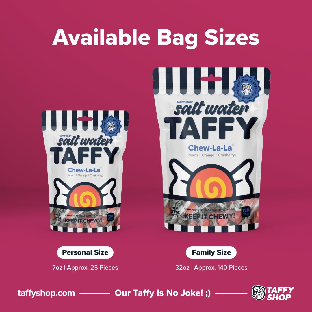 Taffy Shop Chew-La-La, Peach, Orange, Cranberry Salt Water Taffy - Gourmet Soft Chewy Candy, Bulk Sweet Snack, Fresh Gift & Glut