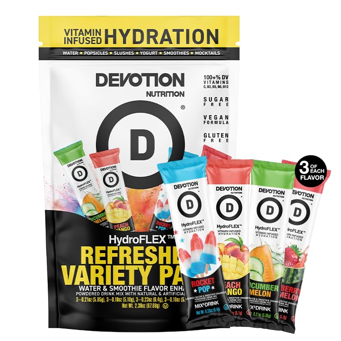 Devotion Nutrition HydroFLEX Sugar-Free Drink Mix Pack – 12-Pack, 4 Flavors, Gluten-Free, Dye-Free, 2.39 Ounce