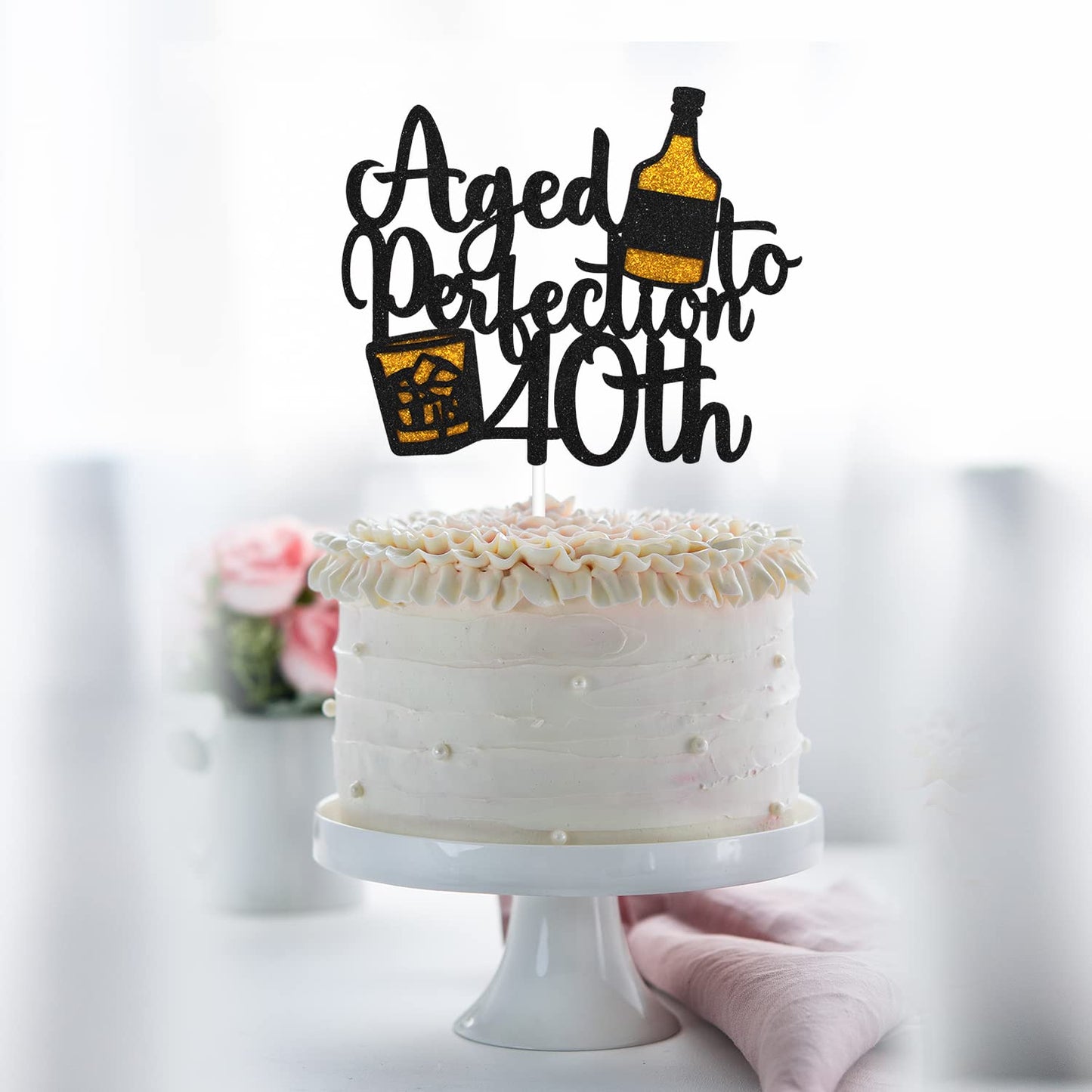 LHCING Aged To Perfection 40th Birthday Cake Topper, Black Glitter, 5.7x4.7