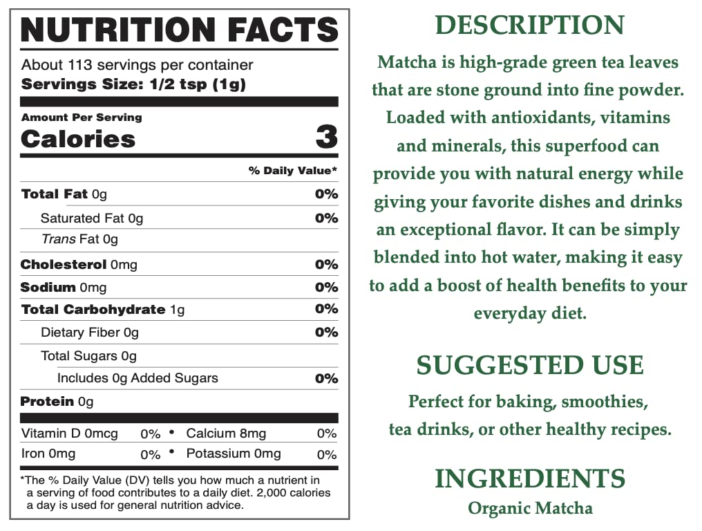 Chérie Sweet Heart Organic Matcha Powder - Antioxidant-Rich Green Tea for Cooking, Baking, Smoothies - 4oz Vegan, Gluten-Free