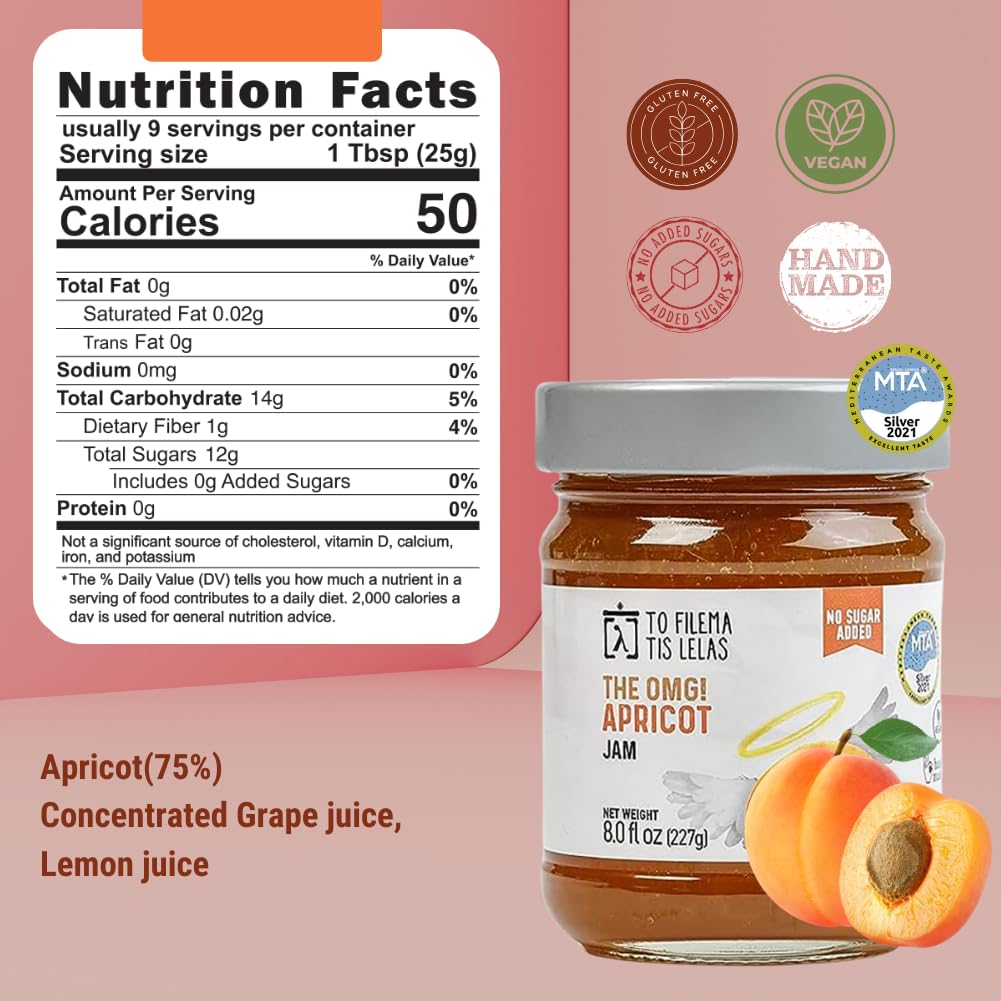 Apricot Jam - 8 Fl. Oz - No Sugar Added Natural Sweetness Taste - Made In Greece, No Preservatives, Gluten Free Apricot Jam - Fr