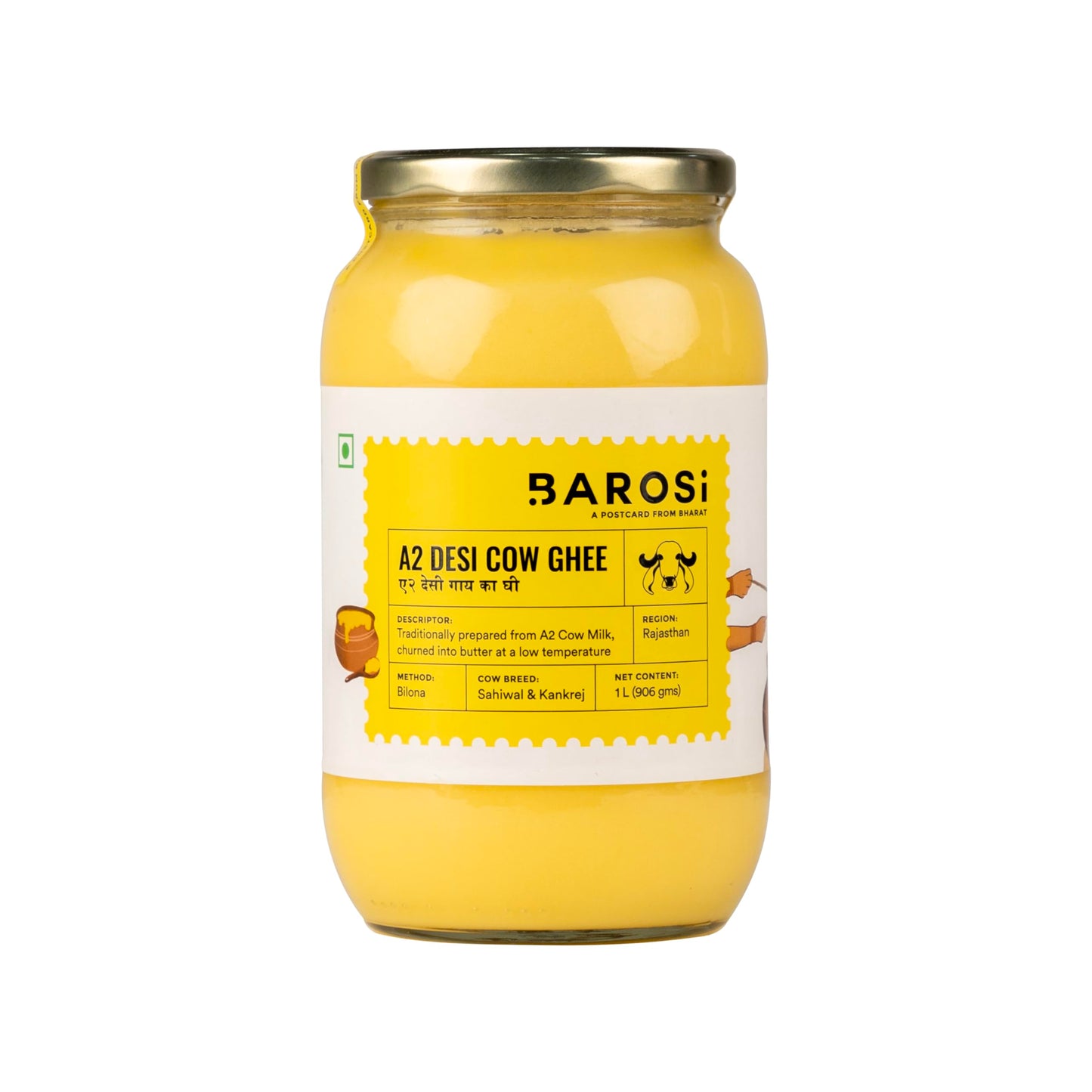 Barosi Enhanced A2 Cow Ghee 1 Litre | A2 Danedar Desi Ghee | Churned From Curd With Bilona Method | Pure & Aromatic | Organic, Farm Made In Small Batches | Glass Jar