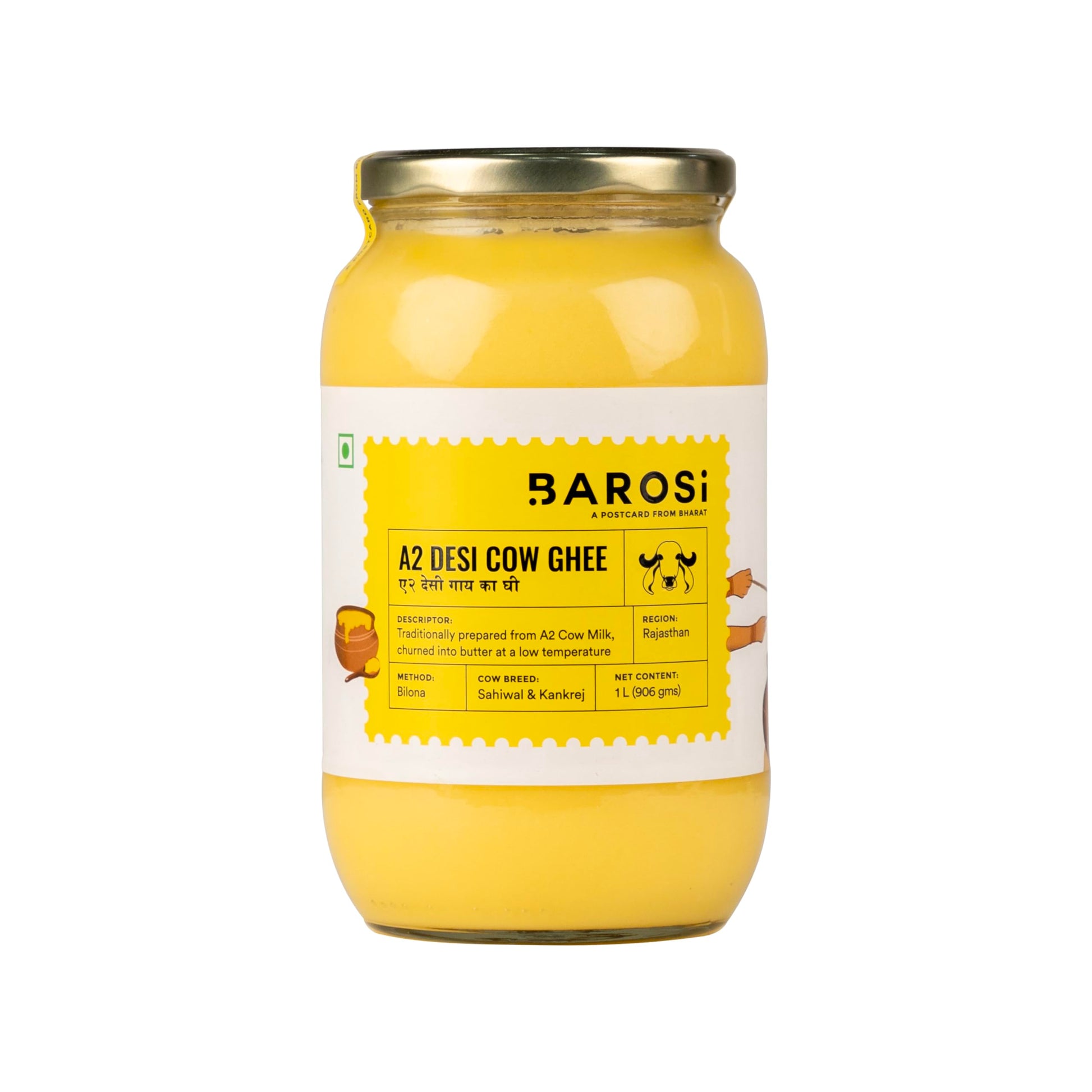 Barosi Enhanced A2 Cow Ghee 1 Litre | A2 Danedar Desi Ghee | Churned From Curd With Bilona Method | Pure & Aromatic | Organic, Farm Made In Small Batches | Glass Jar