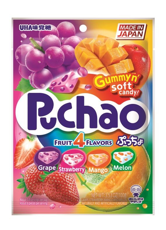 UHA Mikakuto Soft Candy with Gummy Bits, 4 Fruit Flavors, 3.52 Ounce, Pack of 6