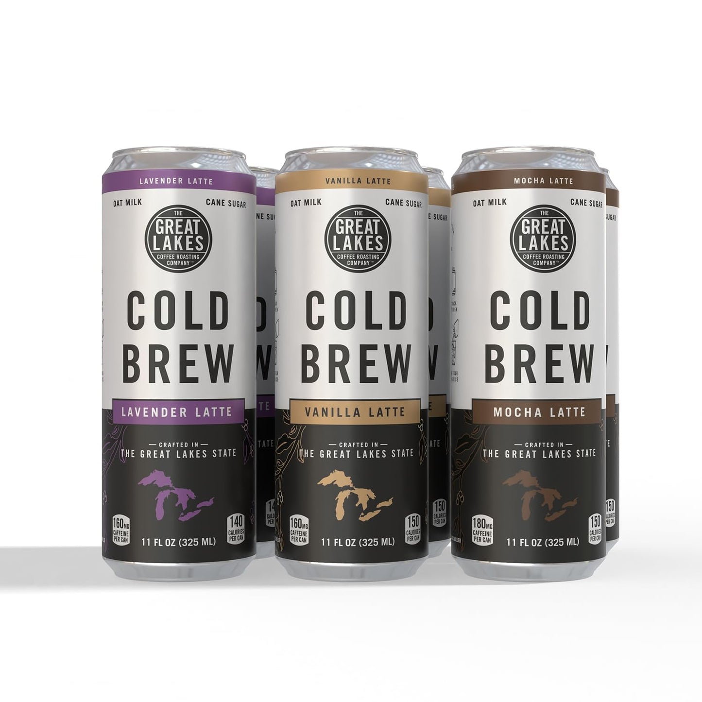 Great Lakes Coffee Roasting Co. Oat Milk Cold Brew Latte Variety Pack, Lavender, Vanilla, Mocha, 11 Fl Oz, Pack of 6