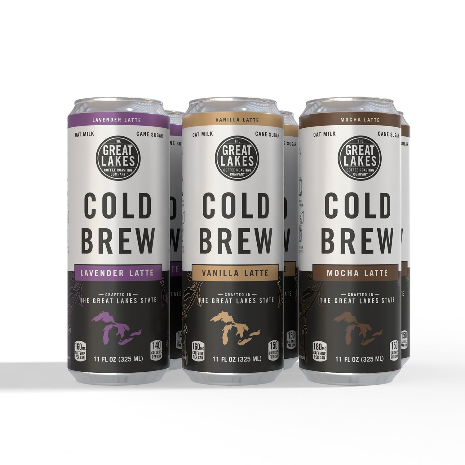 Great Lakes Coffee Roasting Co. Oat Milk Cold Brew Latte Variety Pack, Lavender, Vanilla, Mocha, 11 Fl Oz, Pack of 6