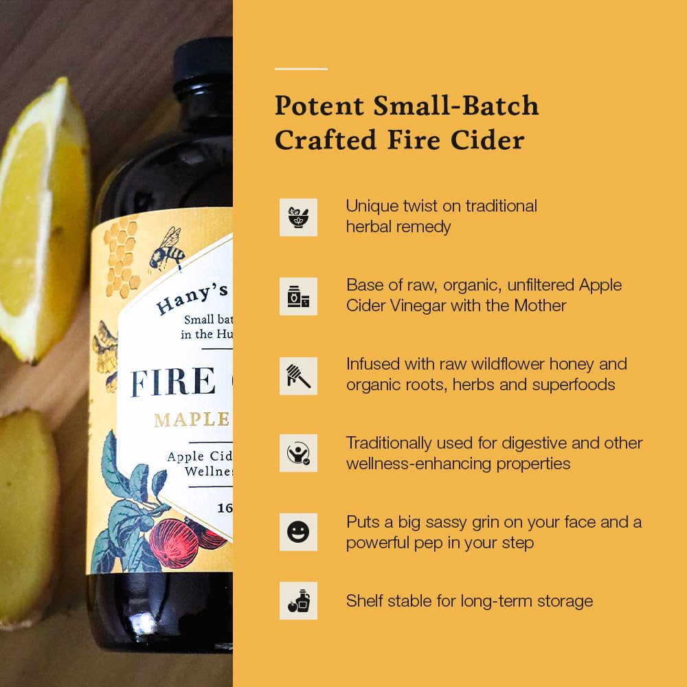 Hanys Harvest Maple Honey Fire Cider, All Natural Apple Cider Vinegar Wellness Tonic, 16 oz, Gluten-Free, Handcrafted