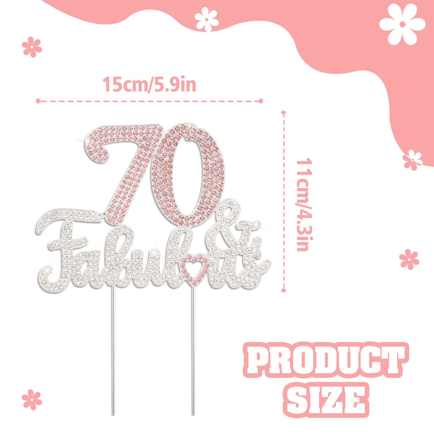 Laskyer 70 & Fabulous Silver Pink Rhinestone Cake Topper - Happy 70Th Birthday Cheers To Seventy Years Old Bday Party Metal Spar