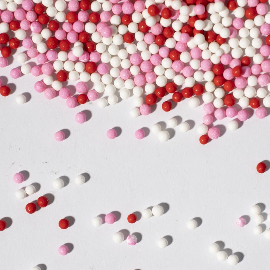 NIPEOR Edible Pearl Sprinkles for Cake Decorating - 130g 2mm Matte Sugar Pearls in White, Red, Pink