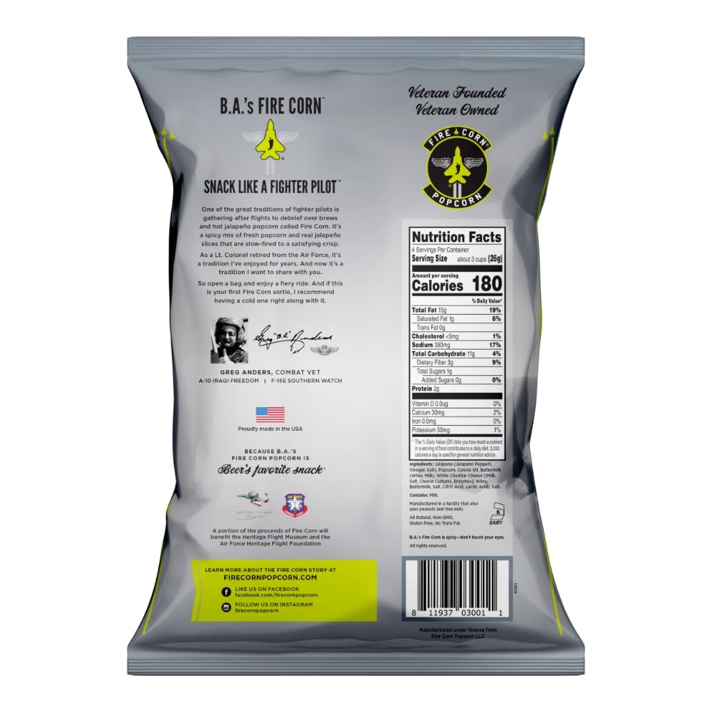 FIRE CORN Jalapeno Popcorn, White Cheddar Flavor, Gluten Free, Non-GMO, 27 oz Sharing Bags, Pack of 6