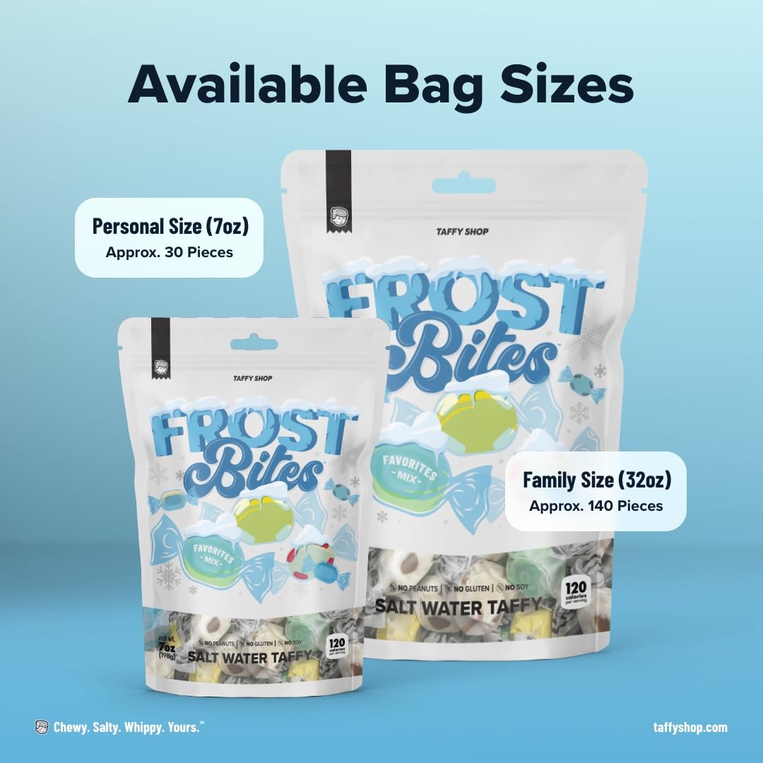 Taffy Shop Frost Bites Favorites, Salt Water Taffy – Gourmet Soft Chewy Candy, Bulk Sweet Snack, Fresh Gift & Gluten-Free, 140 Individually Wrapped Pieces (32Oz)
