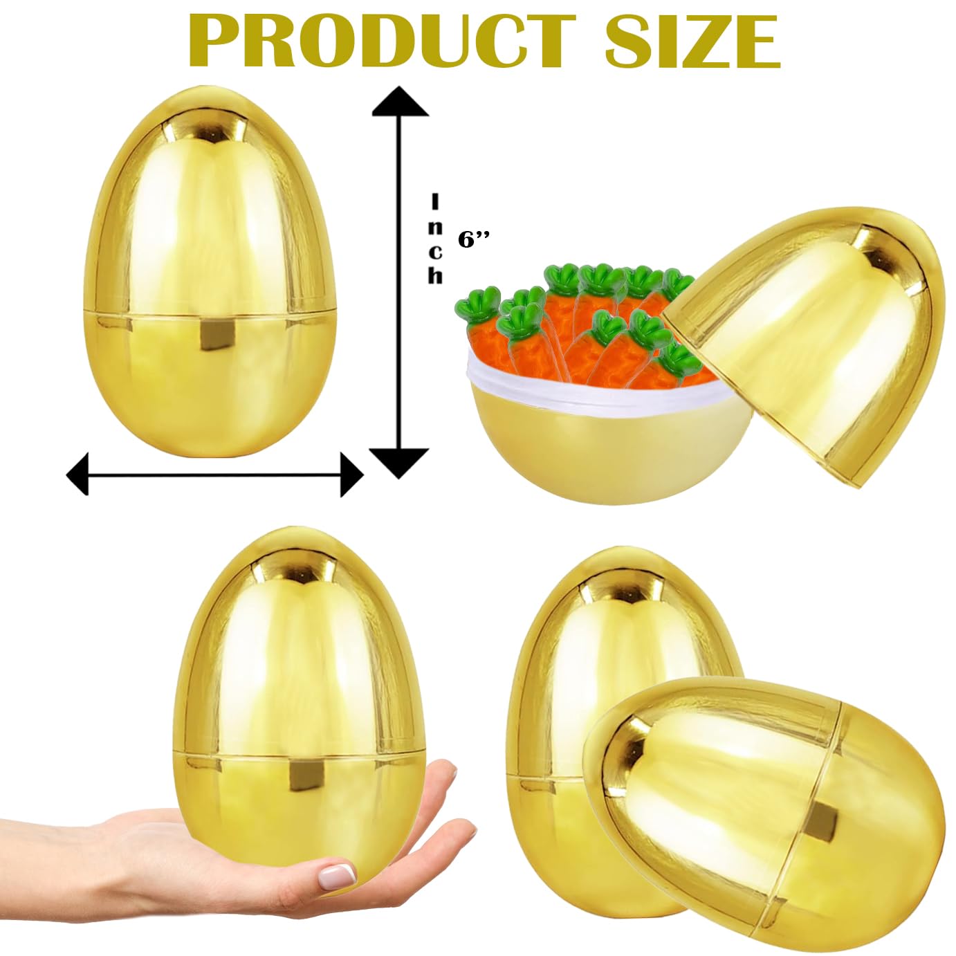 Chochkees 6 Inch Jumbo Golden Easter Eggs 6 Pack Metallic Gold, Goodie Basket Prize, 6'' Inch (6-Pack)