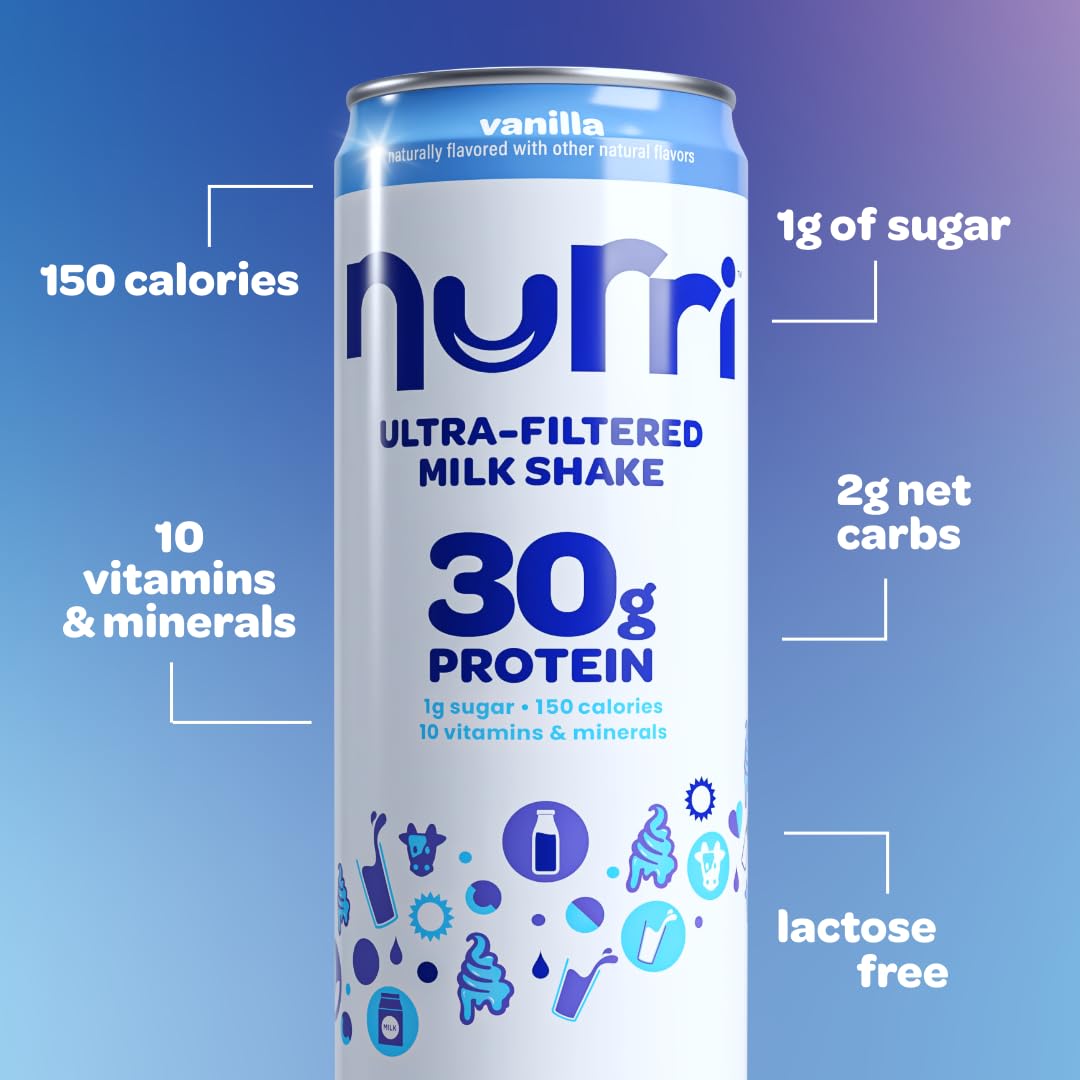 Nurri Protein Milk Shake - Vanilla, Lactose-Free, Low Sugar, 30g Protein, 11 fl oz (Pack of 12), 150 Calories, 10 Vitamins & Minerals