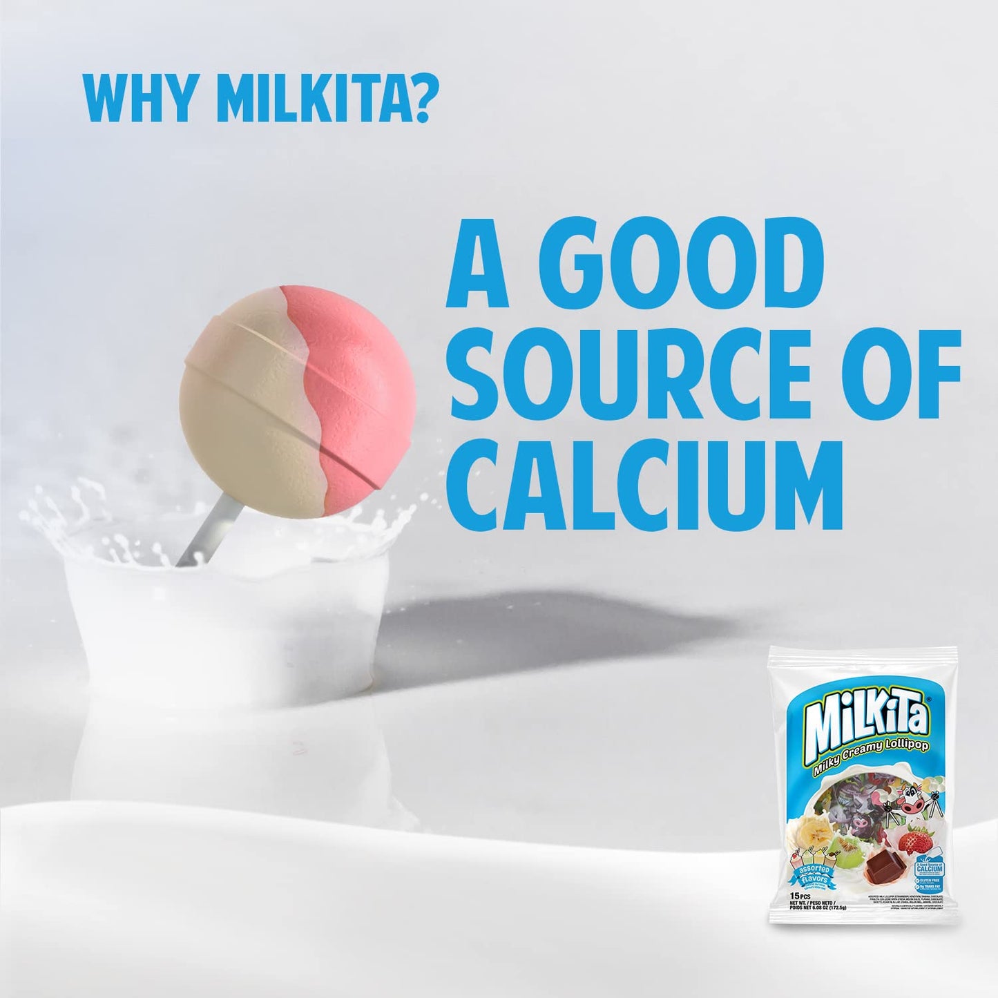 Milkita Creamy Shake Lollipop Bag, Gluten Free Chewy Candies With Calcium & Real Milk, Low-Sugar, Assorted Flavors (Strawberry,