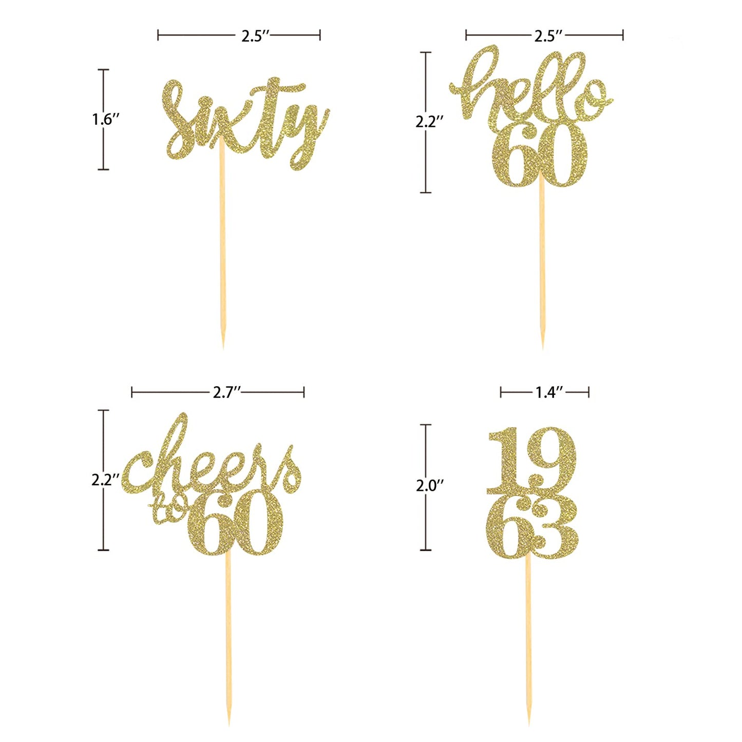 24 Pcs Glitter 60Th Birthday Cupcake Toppers For Celebrating Sixty Years Old Birthday Party Decorations (Gold)