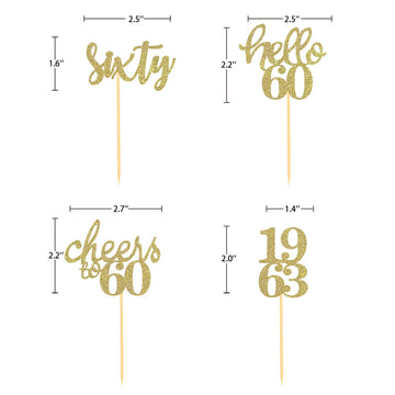 24 Pcs Glitter 60Th Birthday Cupcake Toppers For Celebrating Sixty Years Old Birthday Party Decorations (Gold)