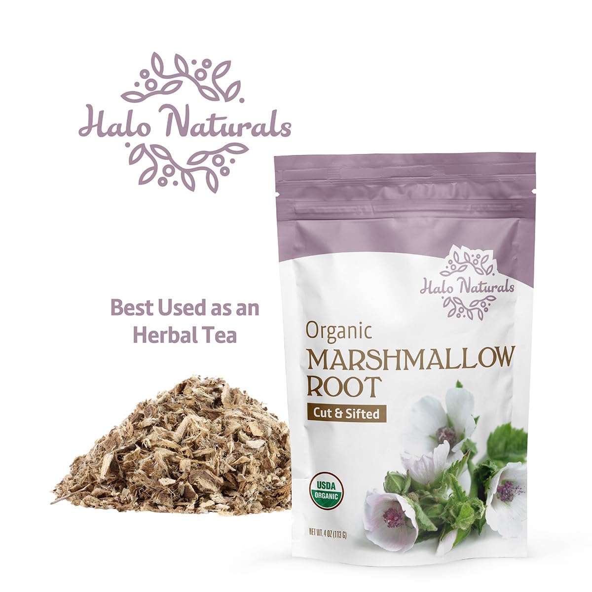 Halo Naturals Organic Marshmallow Root Cut & Sifted, 4 Ounces (Althaea Officinalis) Usda Certified | Resealable Pouch| Packaged