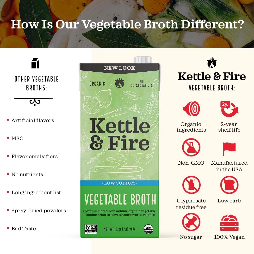 Kettle & Fire Organic Vegetable Cooking Broth Low Sodium, 32 Ounce