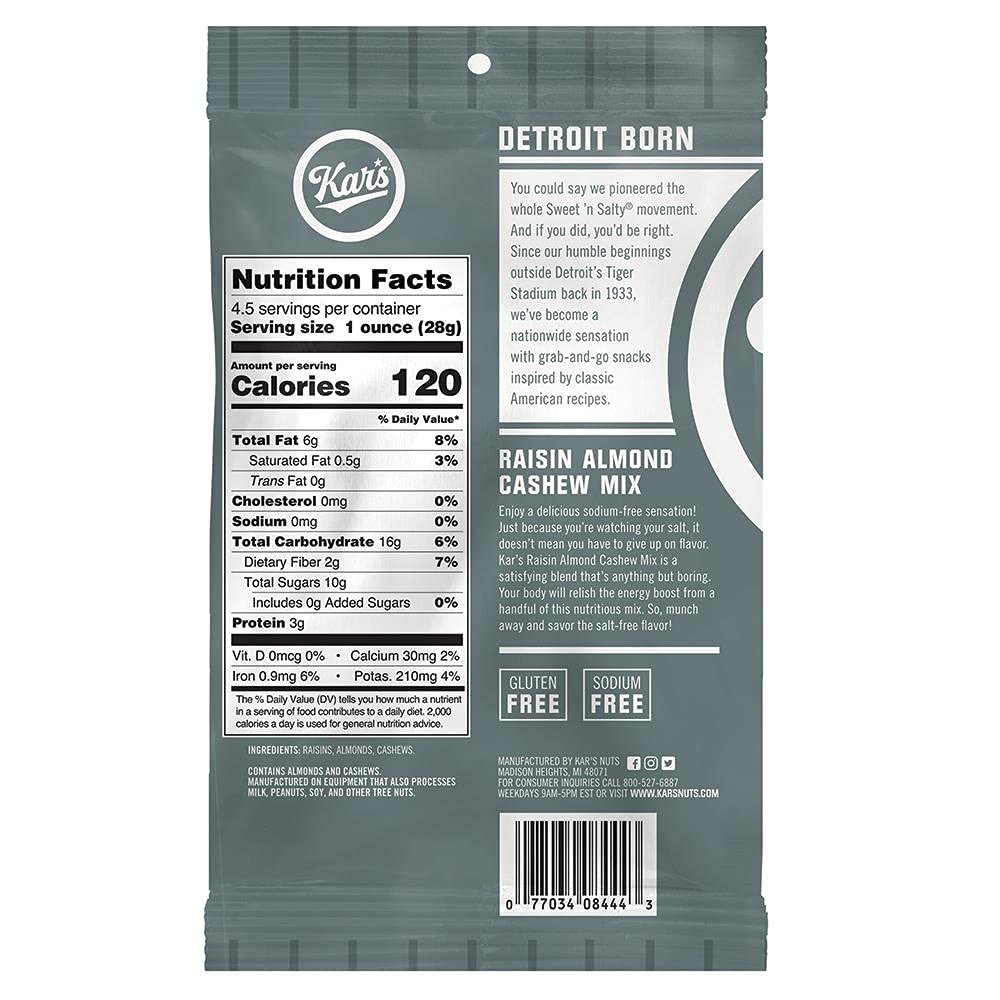 Kars Nuts Raisin Almond Cashew Trail Mix, 3 oz - Grab & Go Bags, Individual Snack Packs (Pack of 12), Gluten-Free Trail Mix Snac
