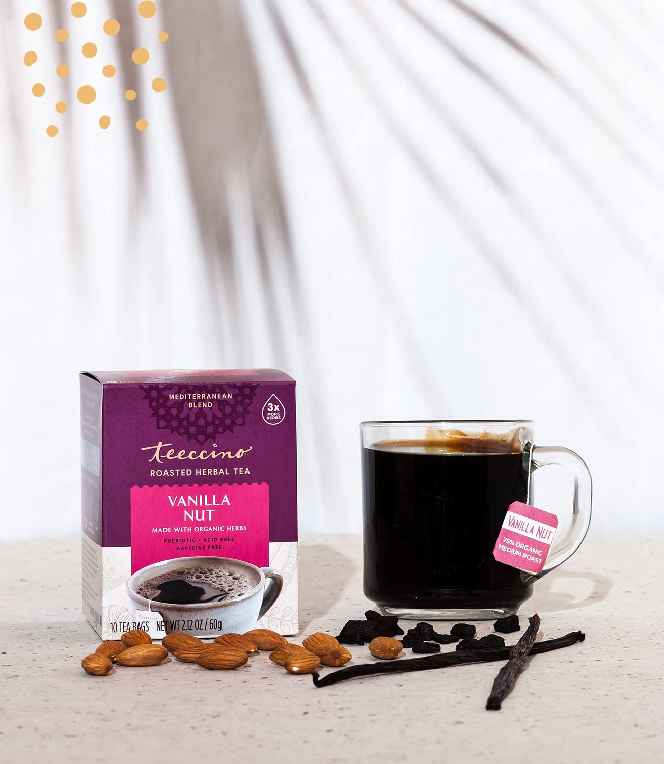 Teeccino Vanilla Nut Herbal Tea - Caffeine-Free, Prebiotic, 10 Bags (Pack of 6)
