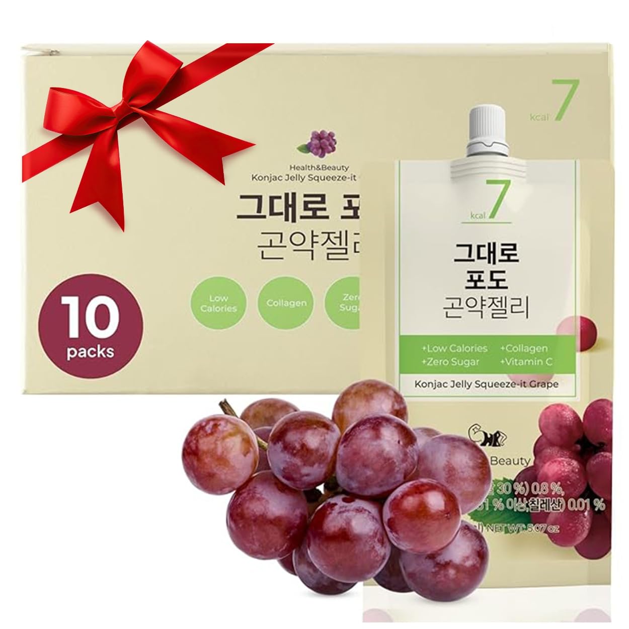 Korean Food Low Calories Squeeze Konjac Jelly Grape Flavor, Fish Collagen, Vitamin, Zero Sugar, Chewier Texture, Health&Beauty (