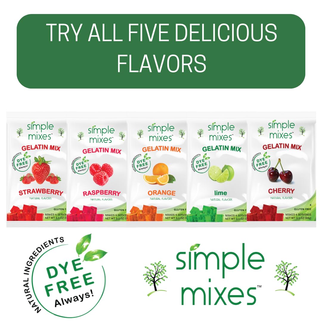 Simple Mixes Natural Gelatin Dessert, Variety Pack, Strawberry, Orange, Cherry, Raspberry & Lime, Healthy Snack, Dye-Free, No Gl