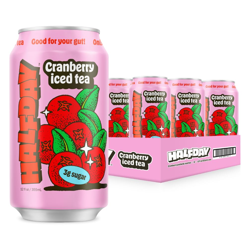 HALFDAY Prebiotic Cranberry Iced Tea Cans, Supports Digestive & Gut Health, 8g Plant Fiber & Prebiotics, Low Sugar, 30 Calories,