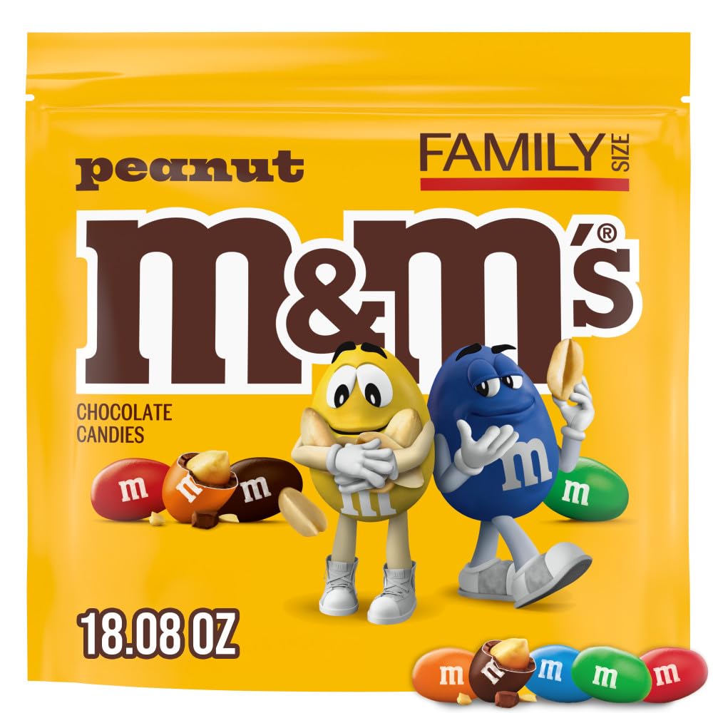 M&MS Peanut Milk Chocolate Candy, Family Size, 18.08 oz Resealable Bulk Bag