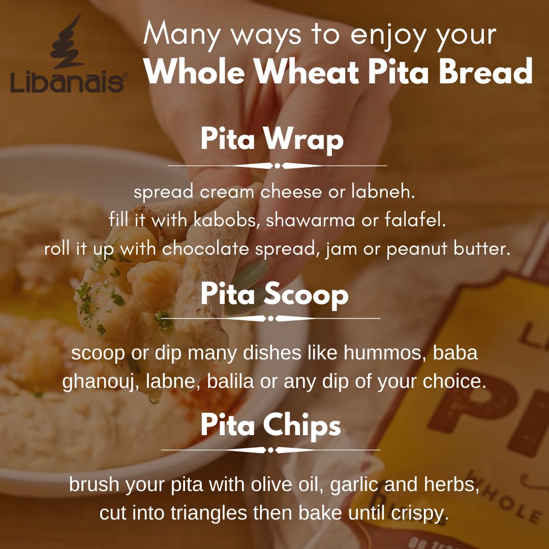 Libanais Whole Wheat Pita Bread, Vegan, Kosher, Halal, 10 inches, 3 Pack (18 Pitas) - Freshly Baked Daily