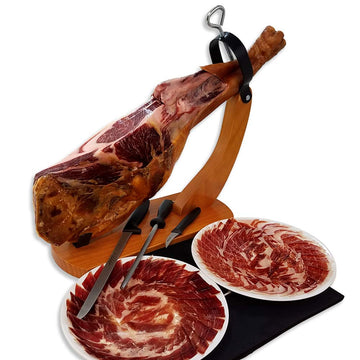 Blázquez Iberico Ham Shoulder 15 Months Cured, 50% Iberico Breed, 13 lbs, 5 Piece Set with Ham Holder & Carving cutting too